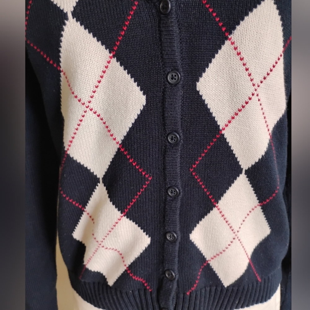 John Galt Cotton V-Neck Cardigan Sweater Navy Blue Red White Tennis Prep Sz Med - Picture 5 of 12